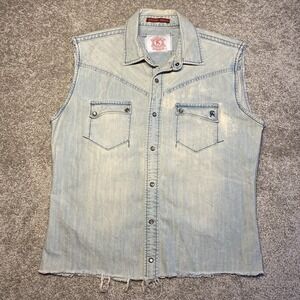 Christian Audigier Mens Large Light Wash Denim Western Sleeveless Snap‎ Shirt L